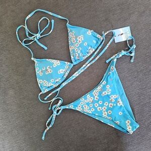 Roxy Printed Beach Tri Bikini Top Tie Side Bikini Bottom Swimsuit Set Sz L